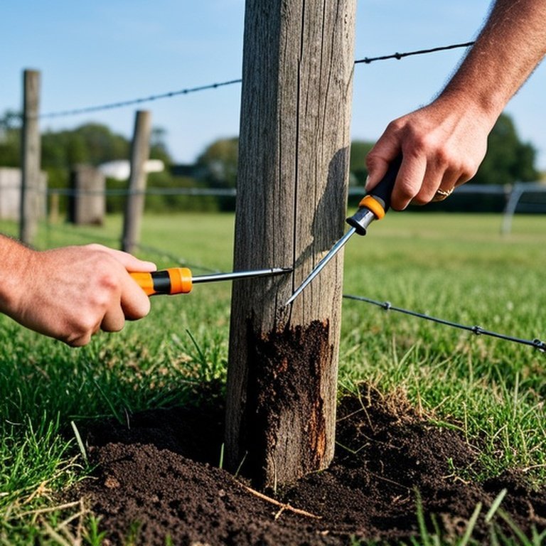 Ground-level inspection of weathered wooden fence post during agricultural maintenance, showing potential rot at the base with a hand testing soil firmness using a screwdriver probe