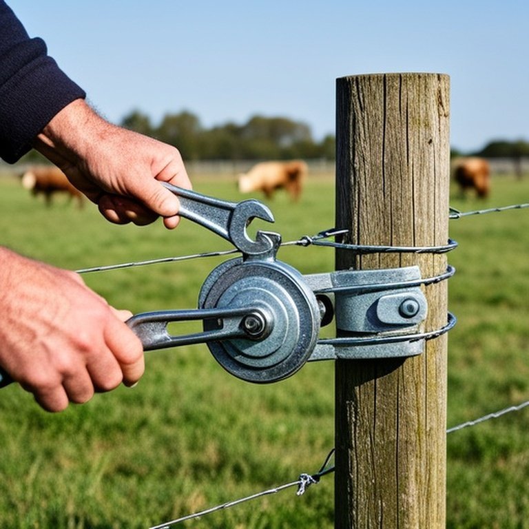 Person adjusting in-line wire tensioner between wooden fence posts in farm pasture with wrench