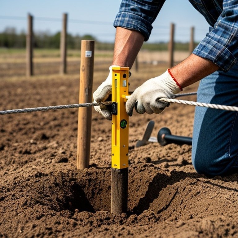 Agricultural fencing installation: Farmer checking vertical alignment of wooden fence post with level