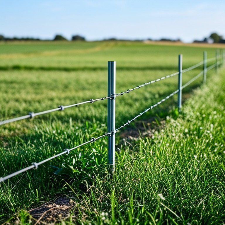 Well-maintained electric fence in agricultural setting with vegetation-free strip to prevent weed-induced electric shorting