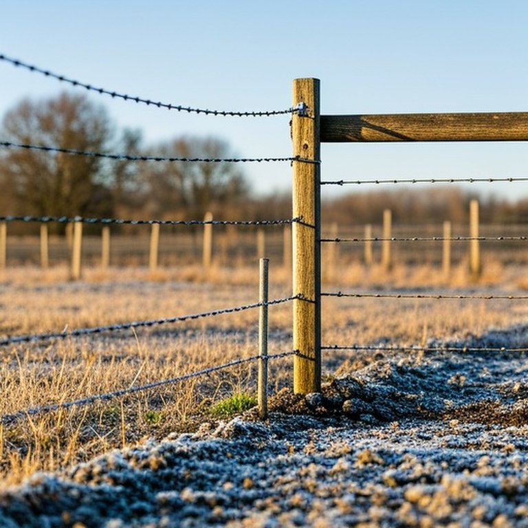 Late autumn agricultural wooden fence installation with frost line embedded post and gravel backfill for winter preparation