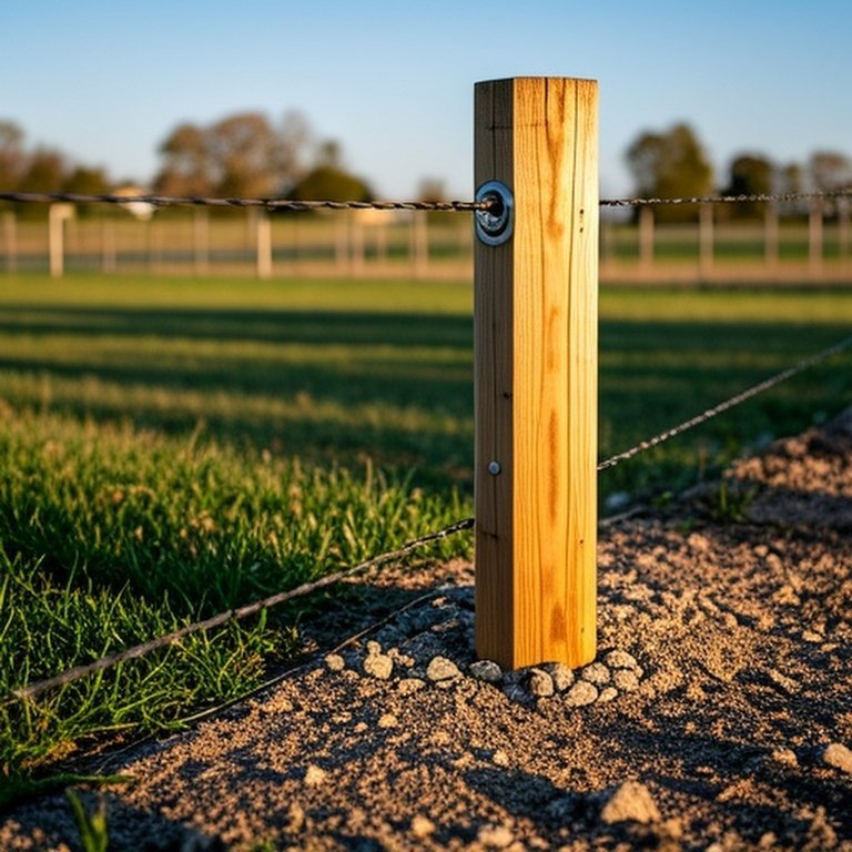 Realistic documentary-style photograph of a pressure-treated wood fence post installation in a rural agricultural setting with gravel backfill and concrete drainage base