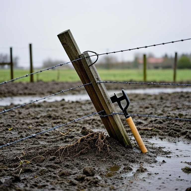 Rural agricultural fence line after storm with leaning post and tensioning tool