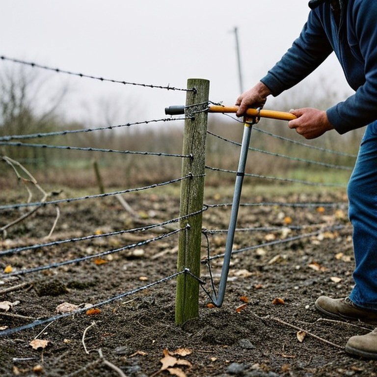 Rural agricultural fence repair after a storm, showing structural repair tools and post-storm environmental aftermath