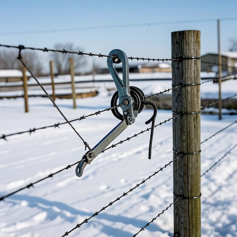 Winter rural agricultural wire fence re-tensioning with snow and come-along tool