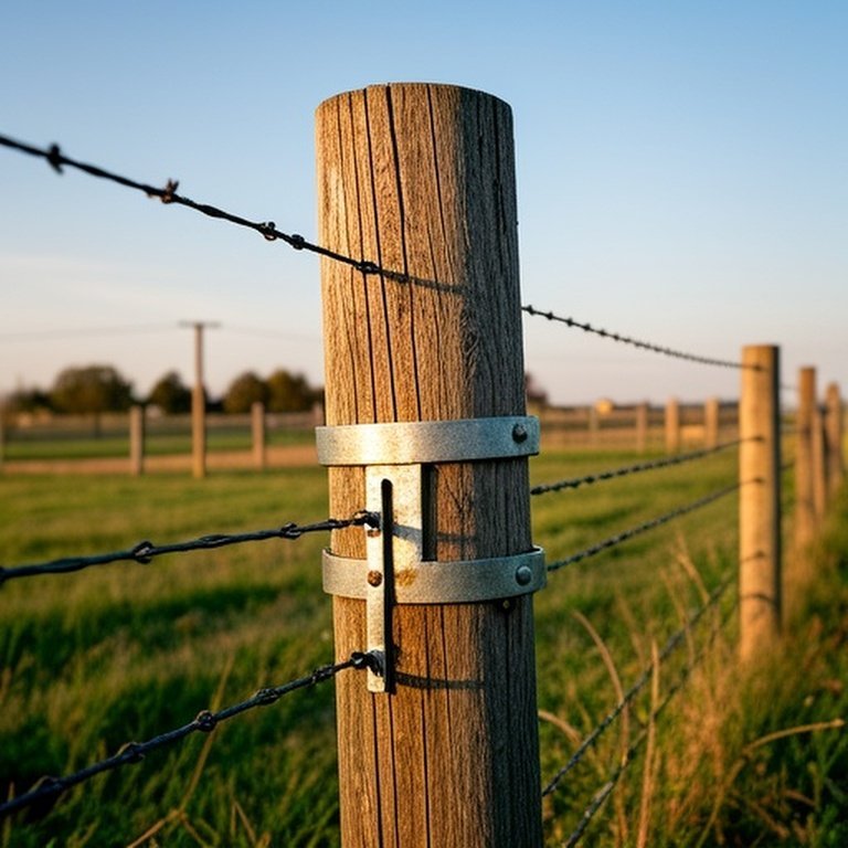 Realistic documentary photograph of a weathered wooden fence post with metal mender bracket in a grassy agricultural field Realistic documentary photograph of a weathered wooden fence post with metal mender bracket in a grassy agricultural field