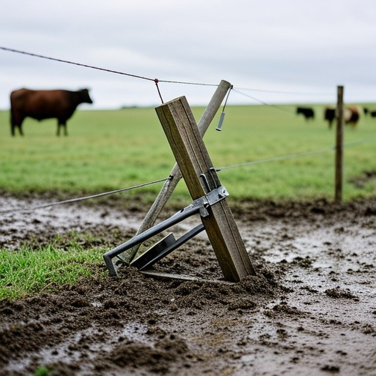 Leaning wooden fence post repair setup with gravel backfill in muddy pasture after heavy rain, agricultural field background