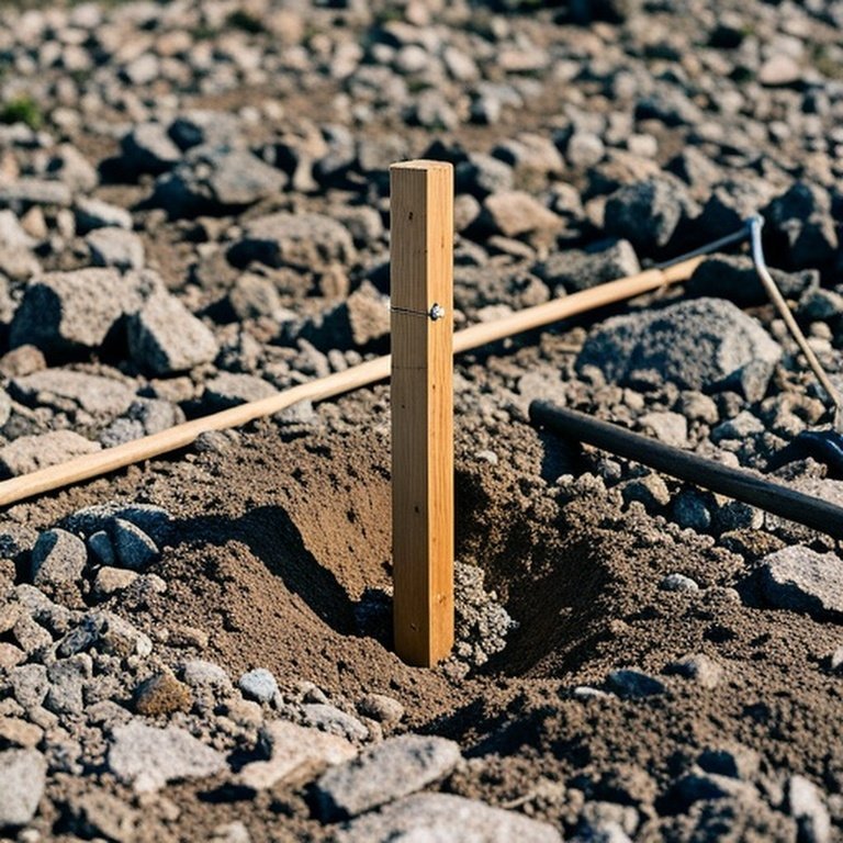 Documentary-style photograph of a freshly installed wooden fence post in rocky soil with gravel backfill, rural farm pasture backdrop
