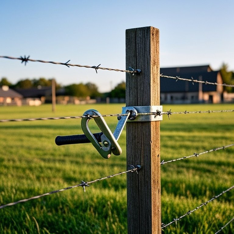 Realistic documentary-style rural farm pasture with a metal come-along tool re-tensioning a sagging high-tensile wire fence without rebuilding