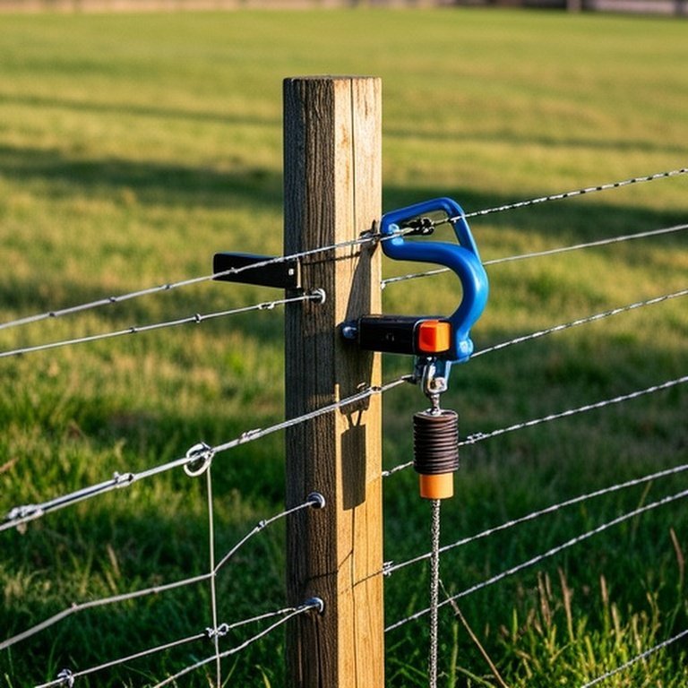 Realistic documentary photograph of livestock fencing installation in sunlit agricultural pasture