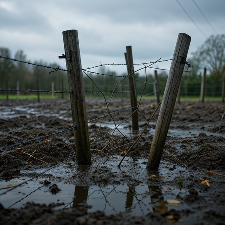 Photorealistic rural agricultural fence after heavy rain, depicting soil erosion damage and structural stress from water accumulation and debris
