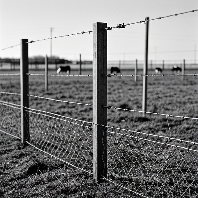 Reinforced agricultural perimeter fence in rural farm to deter predators