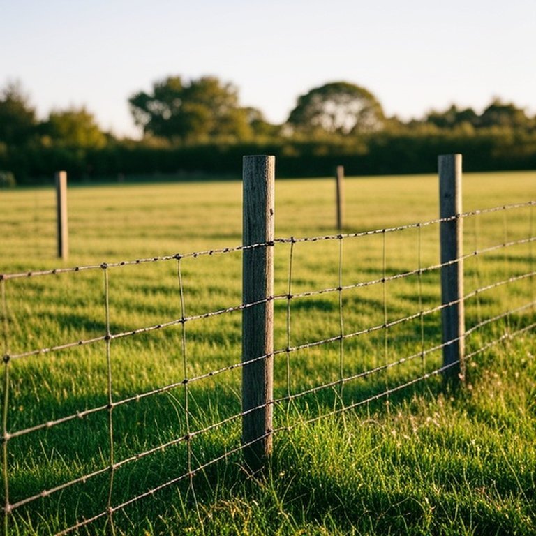 Agricultural woven wire fence with evenly spaced wooden posts in sunlit pasture for livestock stability