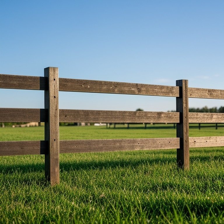 Realistic documentary-style wooden rail horse fence in sunny pasture, emphasizing safe vertical spacing for horse safety