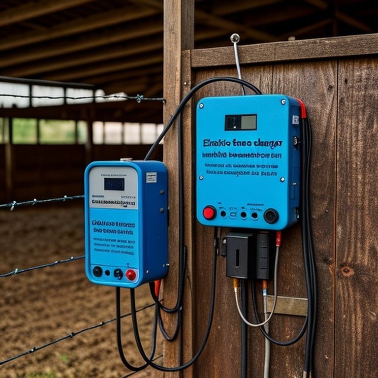Electric fence charger installed in weather-protected farm shed