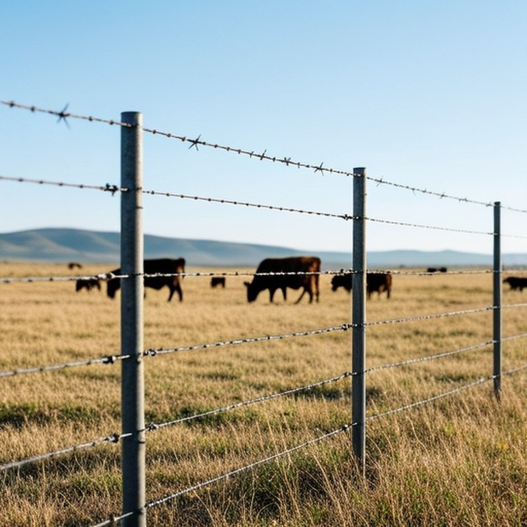 Maintained barbed wire fence with galvanized T-posts in dry pasture, adjacent grazing cattle, background hills and blue sky