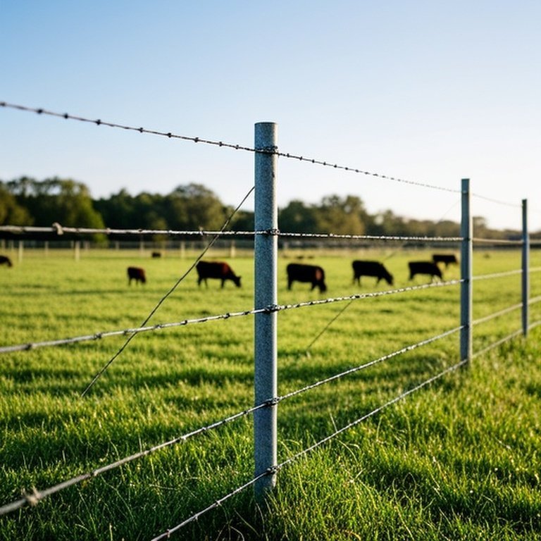 Well-installed high-tensile wire fence in sunlit agricultural pasture, professional documentary-style photograph