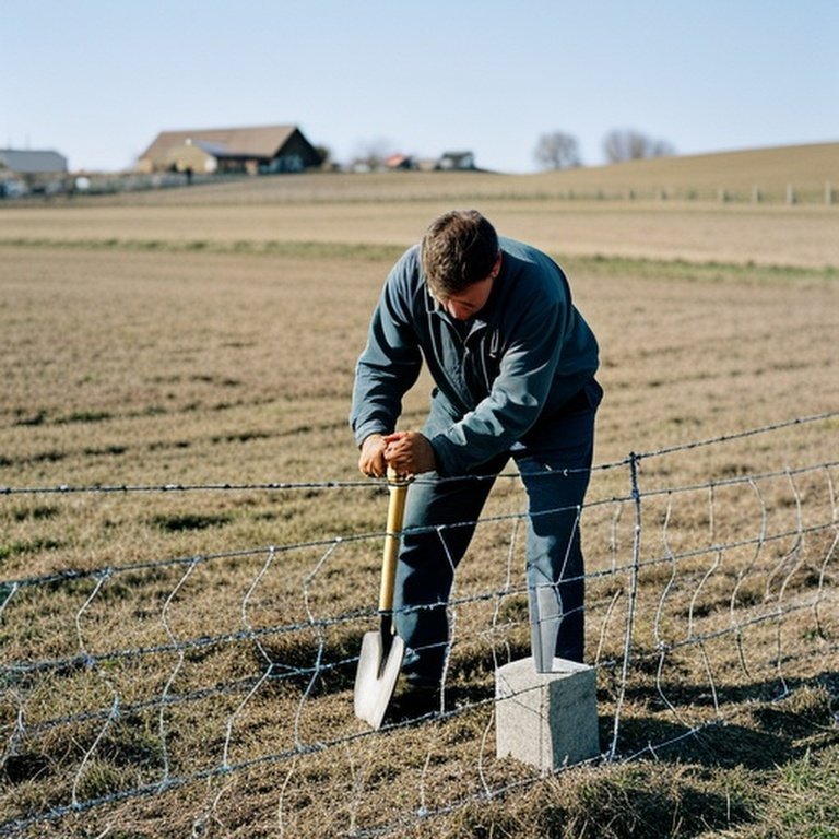 Documentary - style photo of a person installing a woven wire fence on a sloped farm field