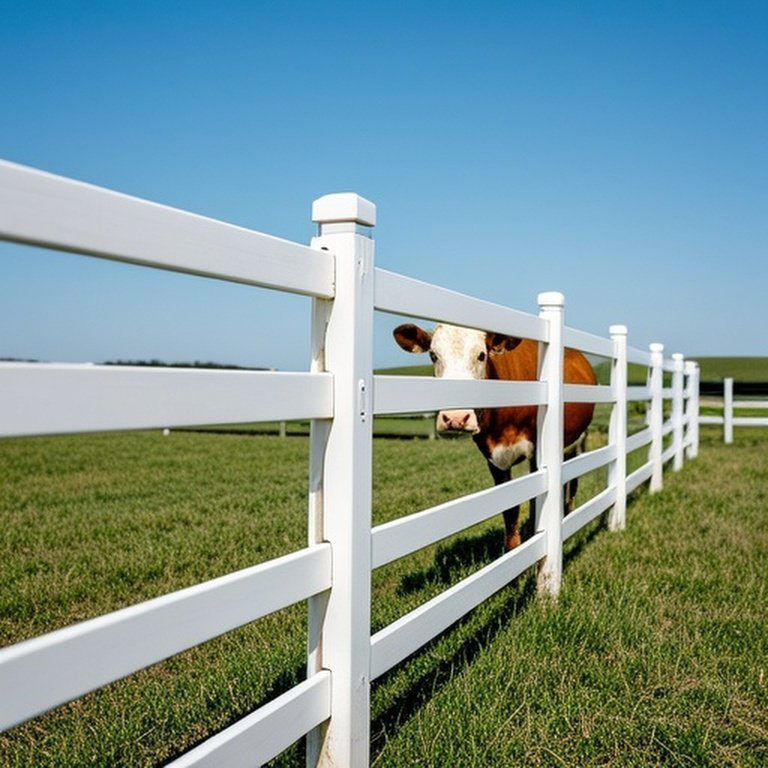 Well-installed PVC fencing system in open farm pasture with mechanical stress from livestock and UV discoloration, illustrating durability and vulnerability in real-world farm conditions