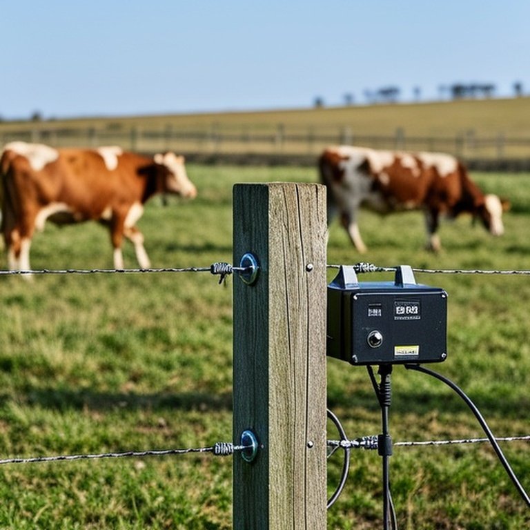 Properly installed permanent electric fence on a farm with calm cattle grazing nearby