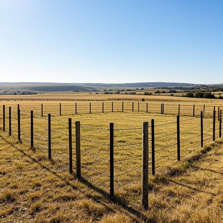 Square agricultural pasture with wooden post and wire fencing in sunny arid rural landscape