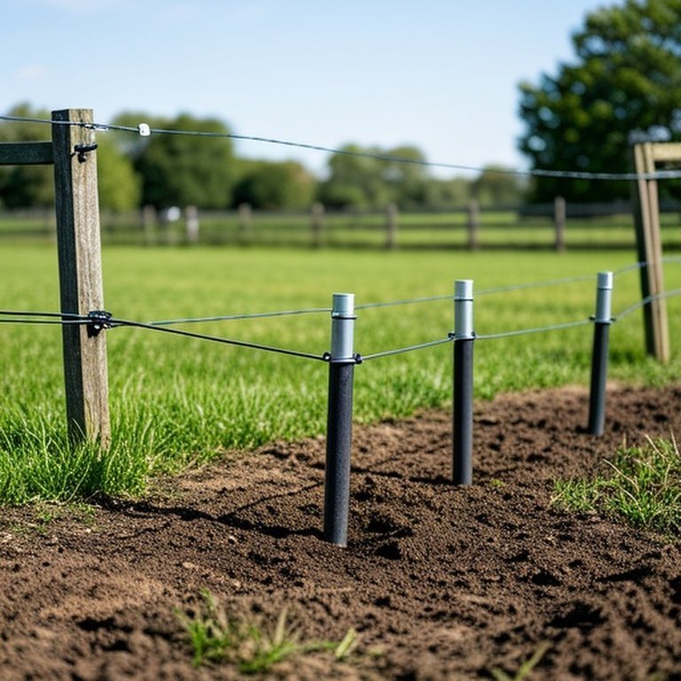 Photorealistic scene of electric fence grounding setup with three evenly spaced ground rods