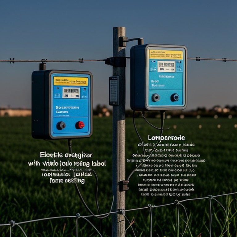 Electric fence energizer with visible joule rating label in a realistic farm setting