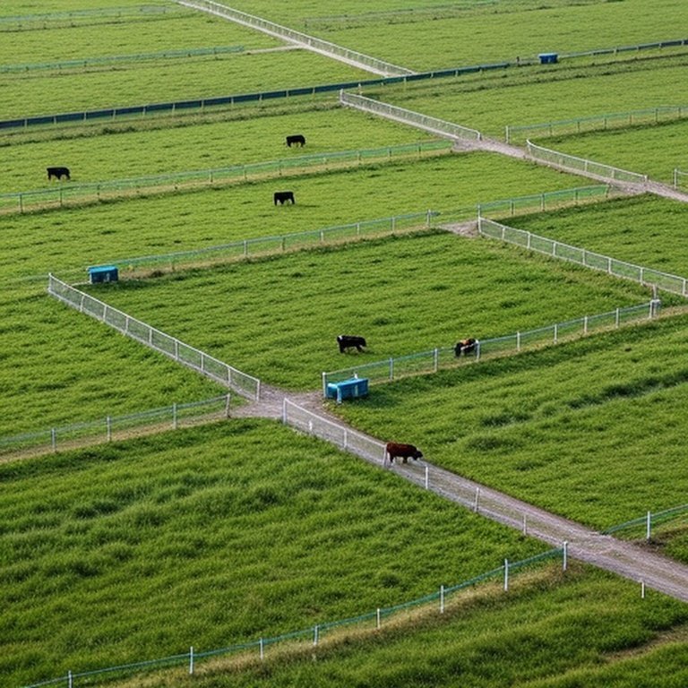 Aerial view of organized rotational grazing pasture with paddocks, cattle, and water troughs illustrating efficient livestock management through pasture subdivision and recovery