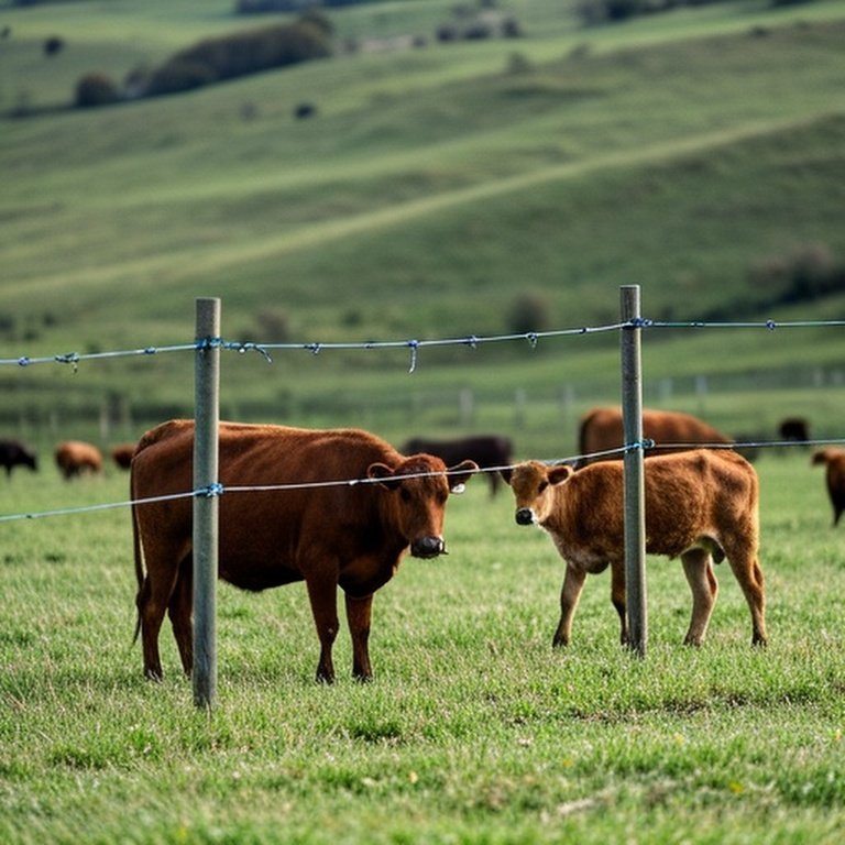 Temporary electric fencing setup in agricultural paddock with cattle grazing