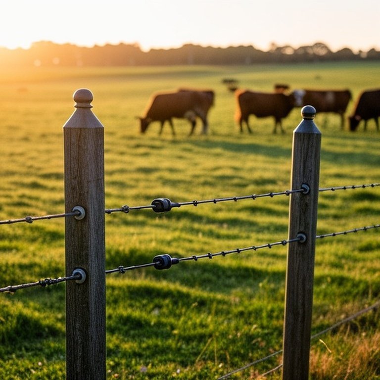 Permanent electric fence setup in agricultural paddock with grazing cattle