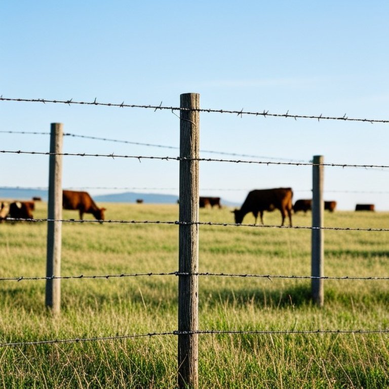 Realistic documentary-style 4-strand barbed wire fence in gently rolling agricultural pasture for livestock containment