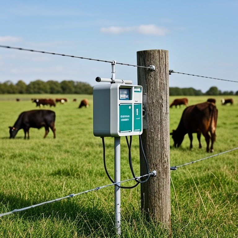 Realistic professional photograph of a rural agricultural pasture with a well-maintained electric fence setup, modern energizer unit, wooden posts, metal ground rod, and calm grazing cattle, emphasizing proper grounding for safety