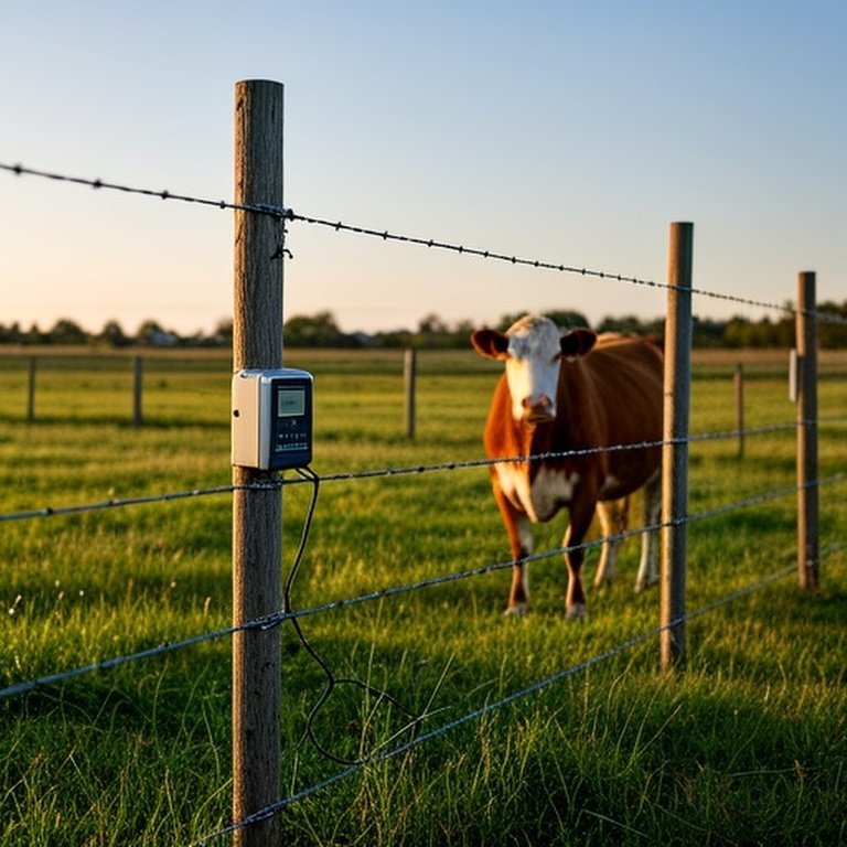 Realistic agricultural scene demonstrating effective electric fencing application and livestock interaction Realistic agricultural scene showing proper electric fencing setup (wooden posts, galvanized wires, solar charger) with a mature cow at the fence line in a grassy pasture