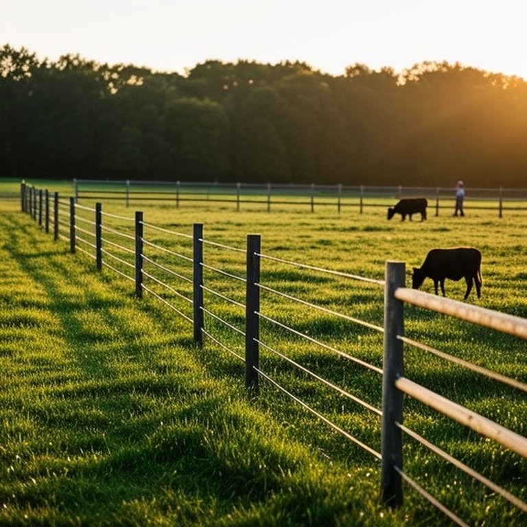Agricultural farm pasture with three livestock fencing systems, emphasizing composite fencing’s durability and low-maintenance advantage