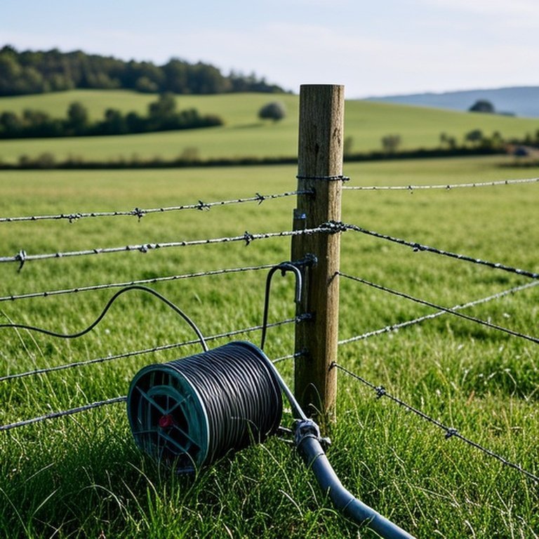 Documentary-style photograph of a fenced agricultural pasture with various fencing materials