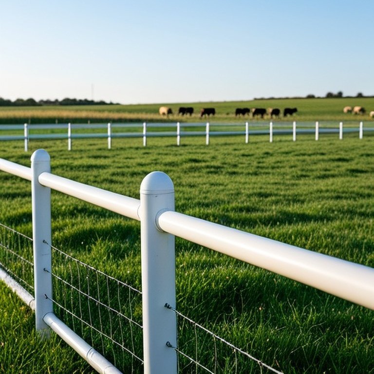 Realistic wide-angle photograph of a sunlit farm pasture with white PVC fencing and wire fencing in a well-maintained agricultural landscape