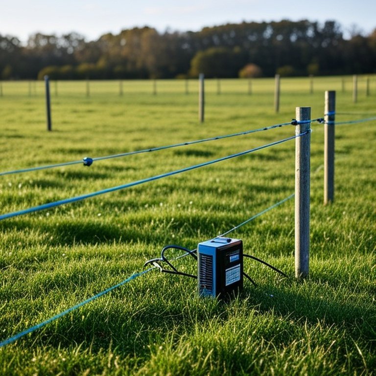 Temporary electric fencing system in grassy agricultural pasture for rotational grazing