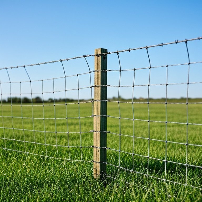 Installed woven wire fence section in grassy agricultural field for livestock containment Installed woven wire fence in grassy agricultural field for livestock containment