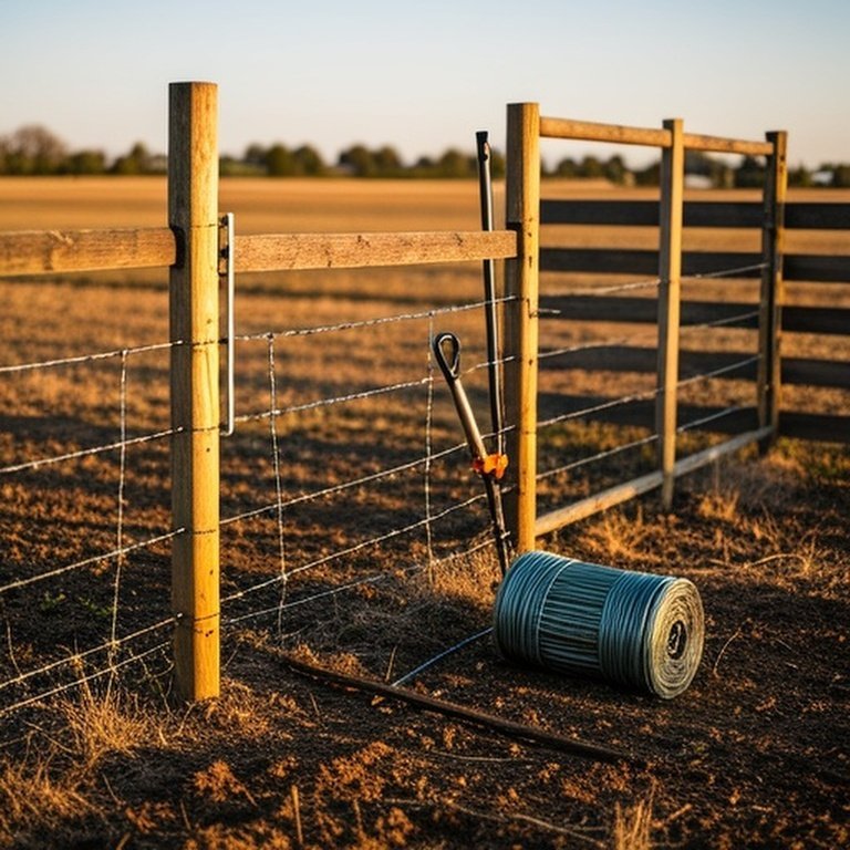 Realistic farm fence construction project in agricultural field at golden hour Realistic farm fence construction project in agricultural field at golden hour