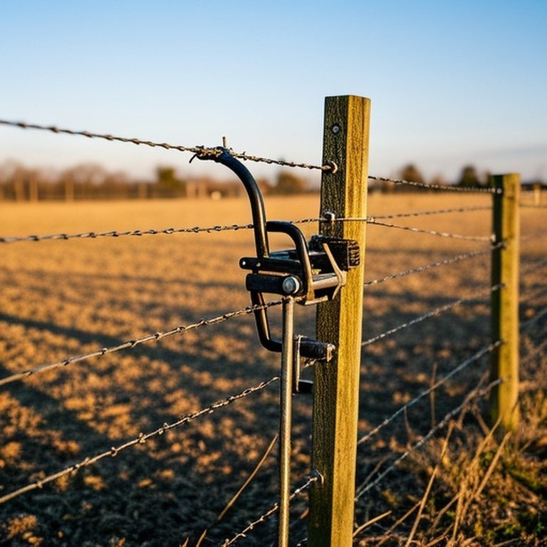 High-tensile wire fence section installed with proper tension in a rural farm field, suitable for agricultural website featured image.