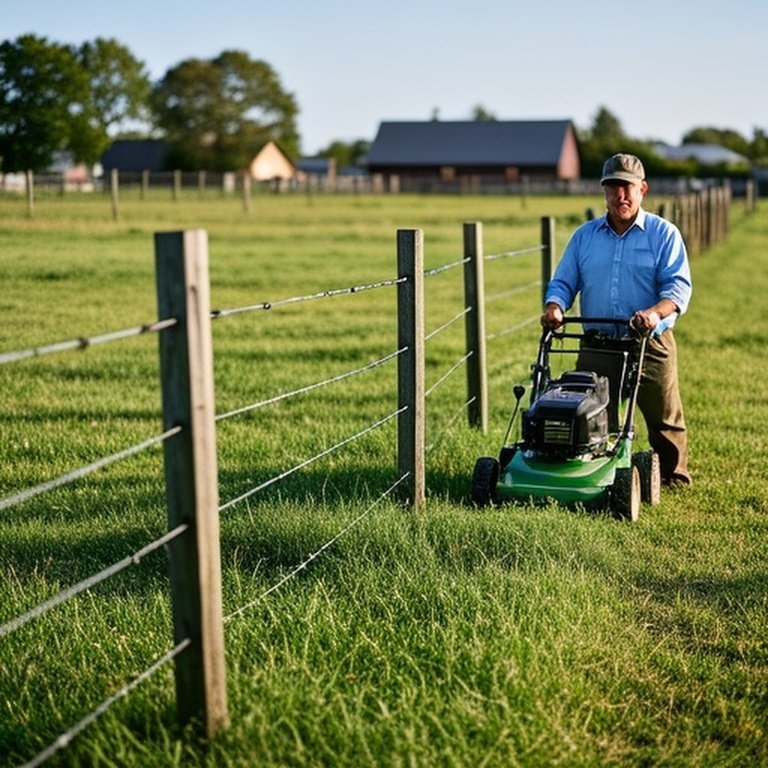 Walk-behind lawn mower cutting tall grass along electric livestock fence in sunny rural farm field