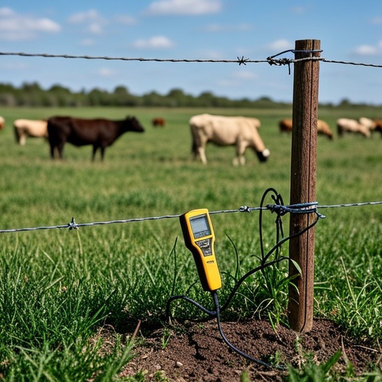 High-resolution realistic farm photo of electric fence maintenance inspection: fence voltage tester on live wire, vegetation touching fence lines, ground rods in soil, tightened wire connections, rural pasture with livestock background, natural lighting, eye-level perspective