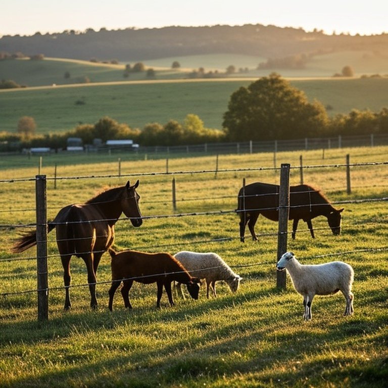 Species-appropriate predator-resistant perimeter fence with varying heights for horses, cattle, goats, and sheep in a sunlit rural farm scene