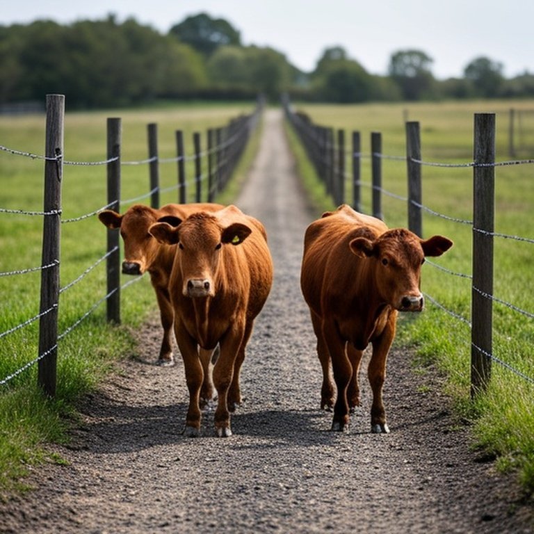 Realistic documentary-style photograph of cattle moving through a cross fencing lane on a working cattle farm