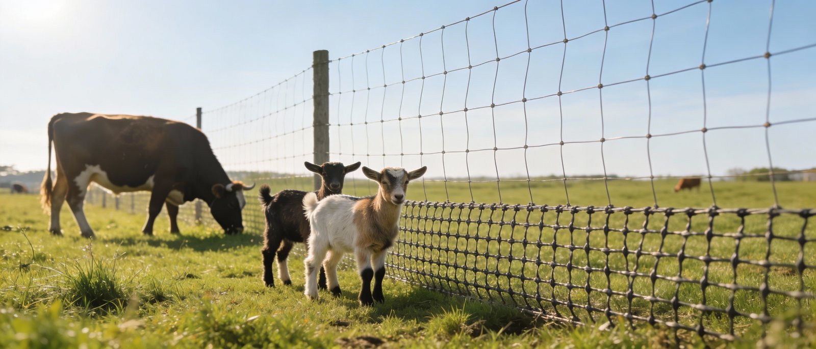 Mixed livestock showing size differences near shared fencing