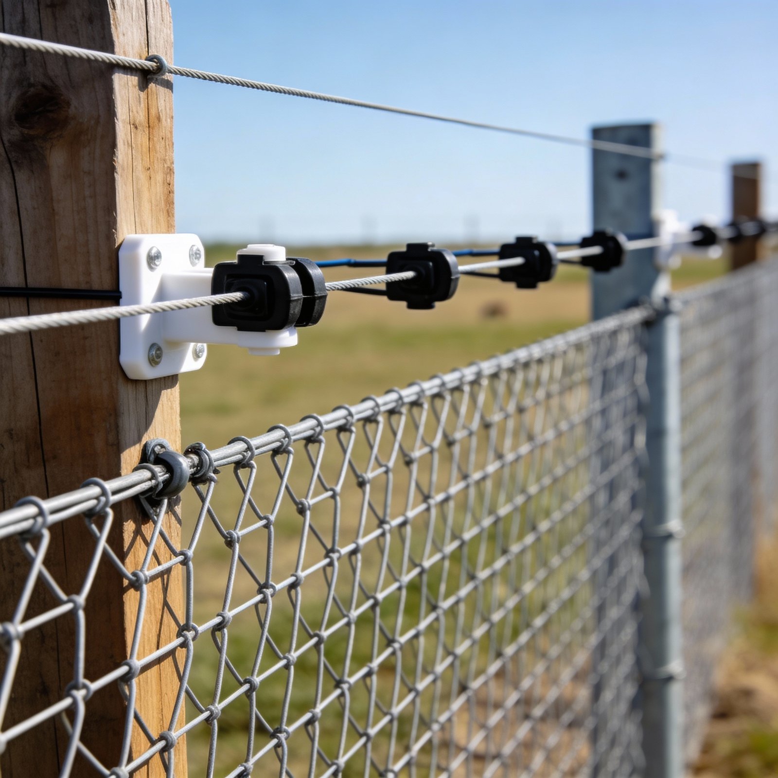 Layered fence design with woven wire and electric offset for mixed livestock