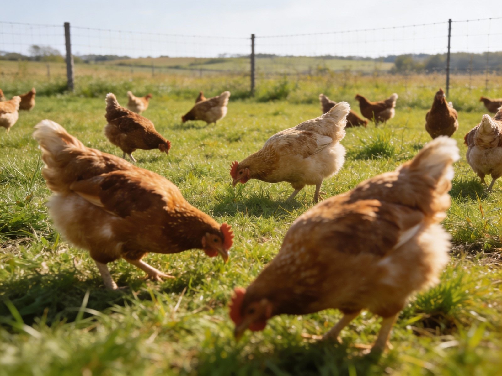 Free-range chickens grazing within a fenced perimeter in a rural pasture setting