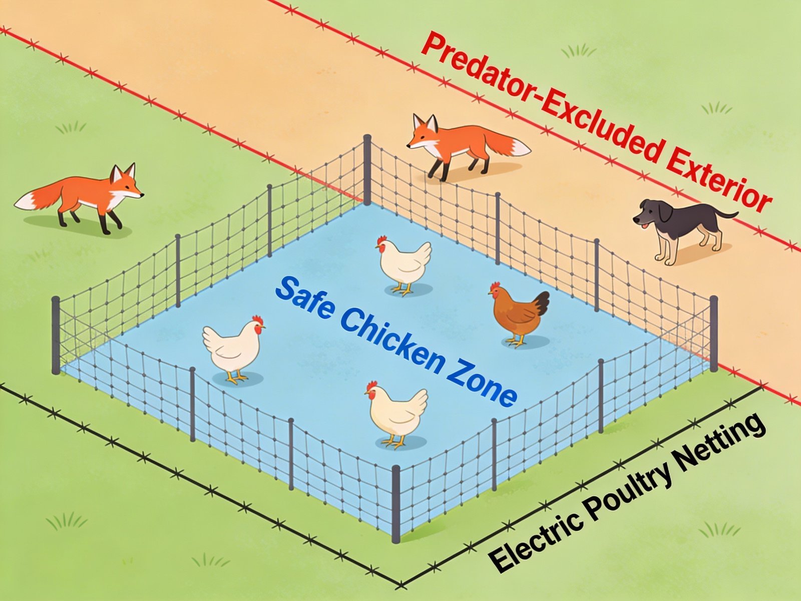 Diagram showing electric poultry netting perimeter with chickens inside safe zone and predators deterred outside