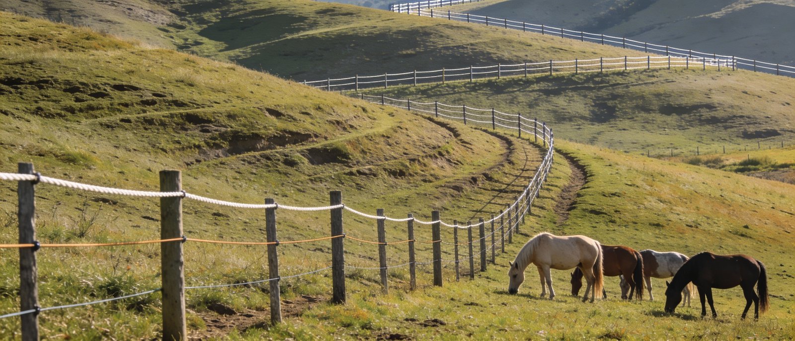 Horses near fencing installed across rolling terrain