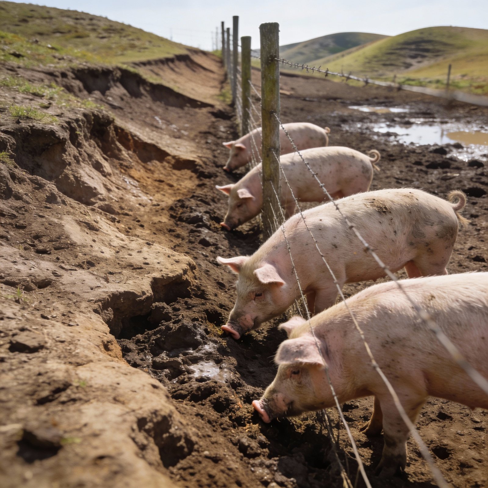 Pigs testing fence on muddy uneven ground